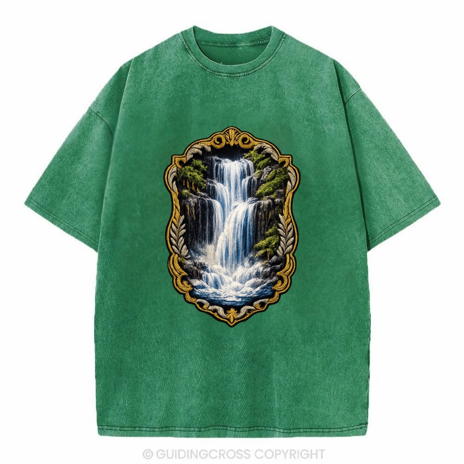 WATERFALL CASCADE - falling water with mist in blue and white , nature wonder - Vintage T-shirt - Forest Mist(Green)