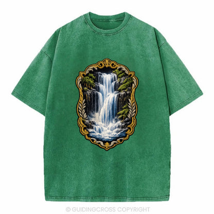 WATERFALL CASCADE - falling water with mist in blue and white , nature wonder - Vintage T-shirt - Forest Mist(Green)