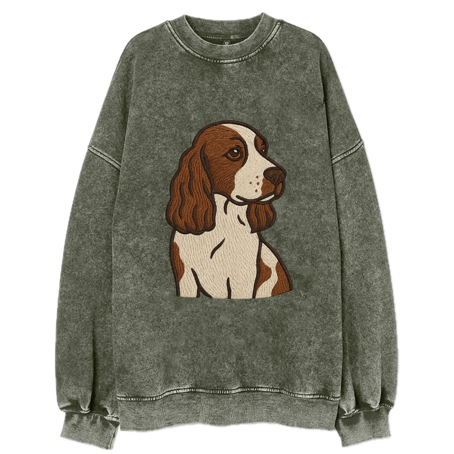 English Cocker Spaniel - Liver and white embroidered design - Vintage Sweatshirt - Forest Mist(Green)