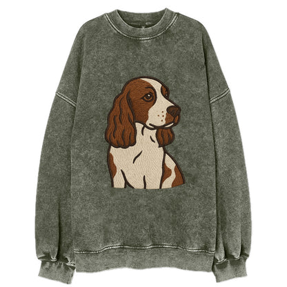 English Cocker Spaniel - Liver and white embroidered design - Vintage Sweatshirt - Forest Mist(Green)