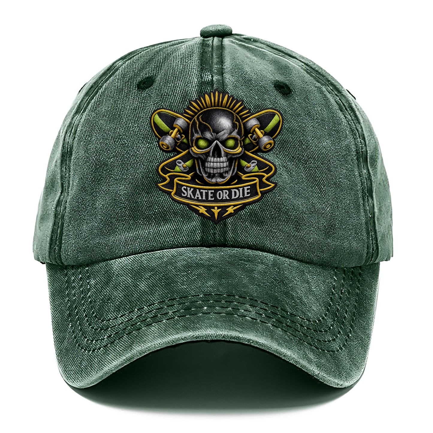 Embroidered patch design - SKATEBOARD SKULL - skull with skateboard in black and neon - Classic Cap - Forest Mist(Green)