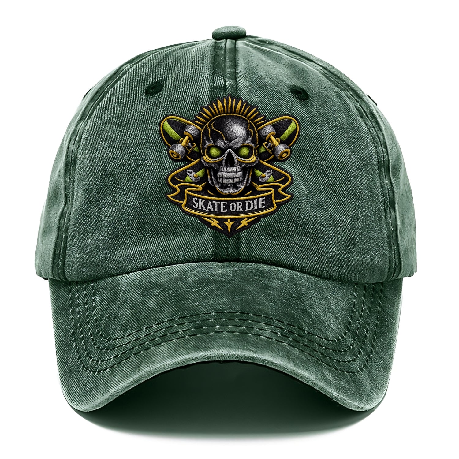 Embroidered patch design - SKATEBOARD SKULL - skull with skateboard in black and neon - Classic Cap - Forest Mist(Green)