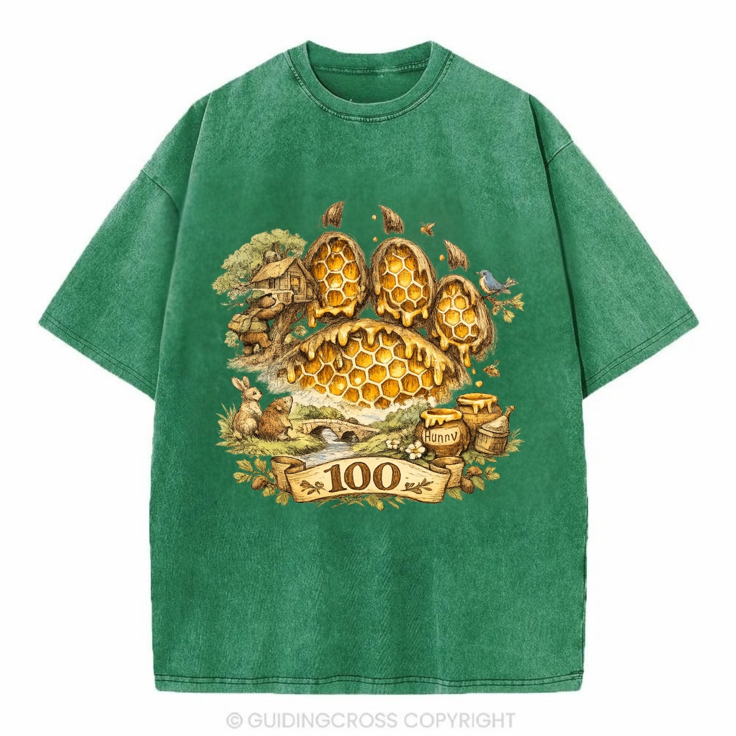 HONEY PAW | Bear paw print filled with honeycomb | Sticky evidence | Forest - Vintage T-shirt - Forest Mist(Green)