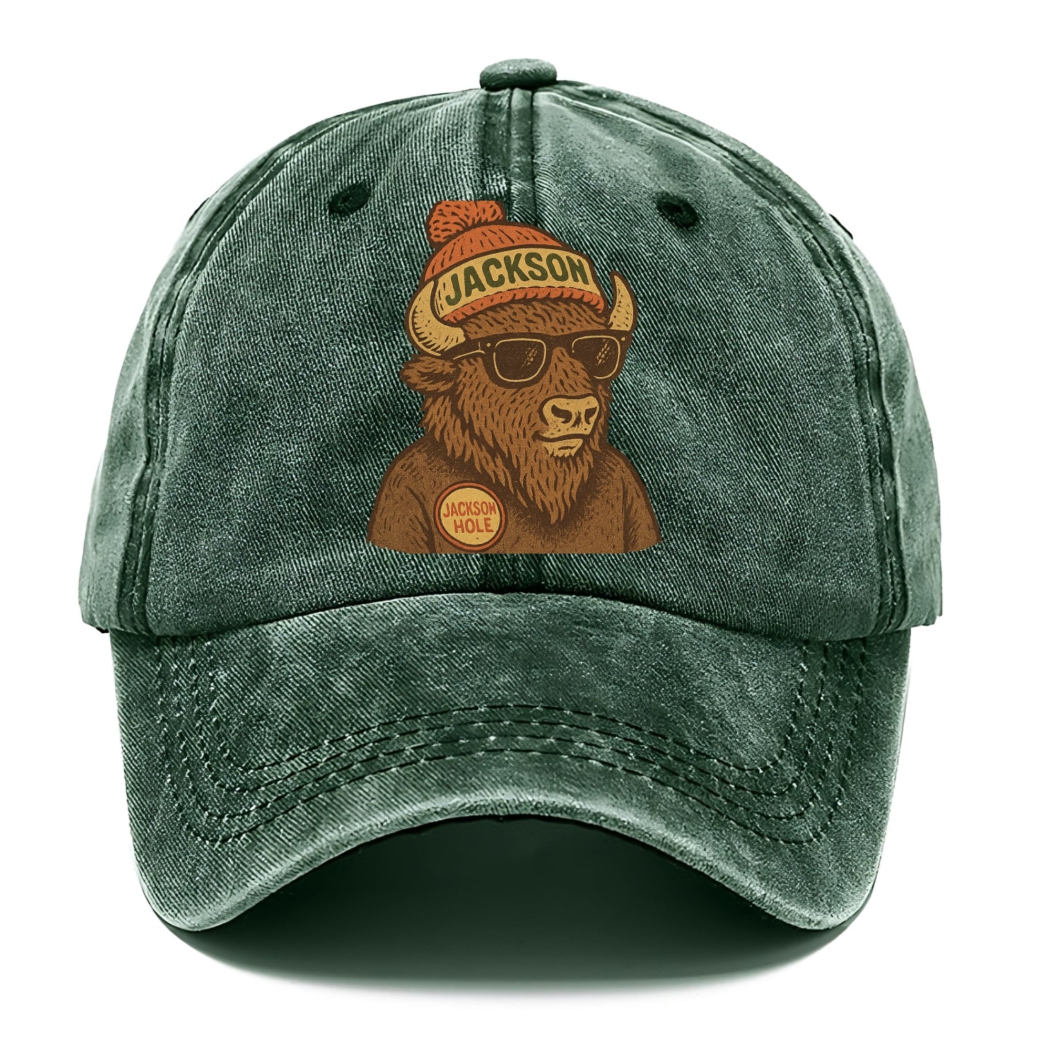 Jackson Hole Bison wearing Jackson beanie with pom pom and wayfarer sunglasses - Classic Cap - Forest Mist(Green)