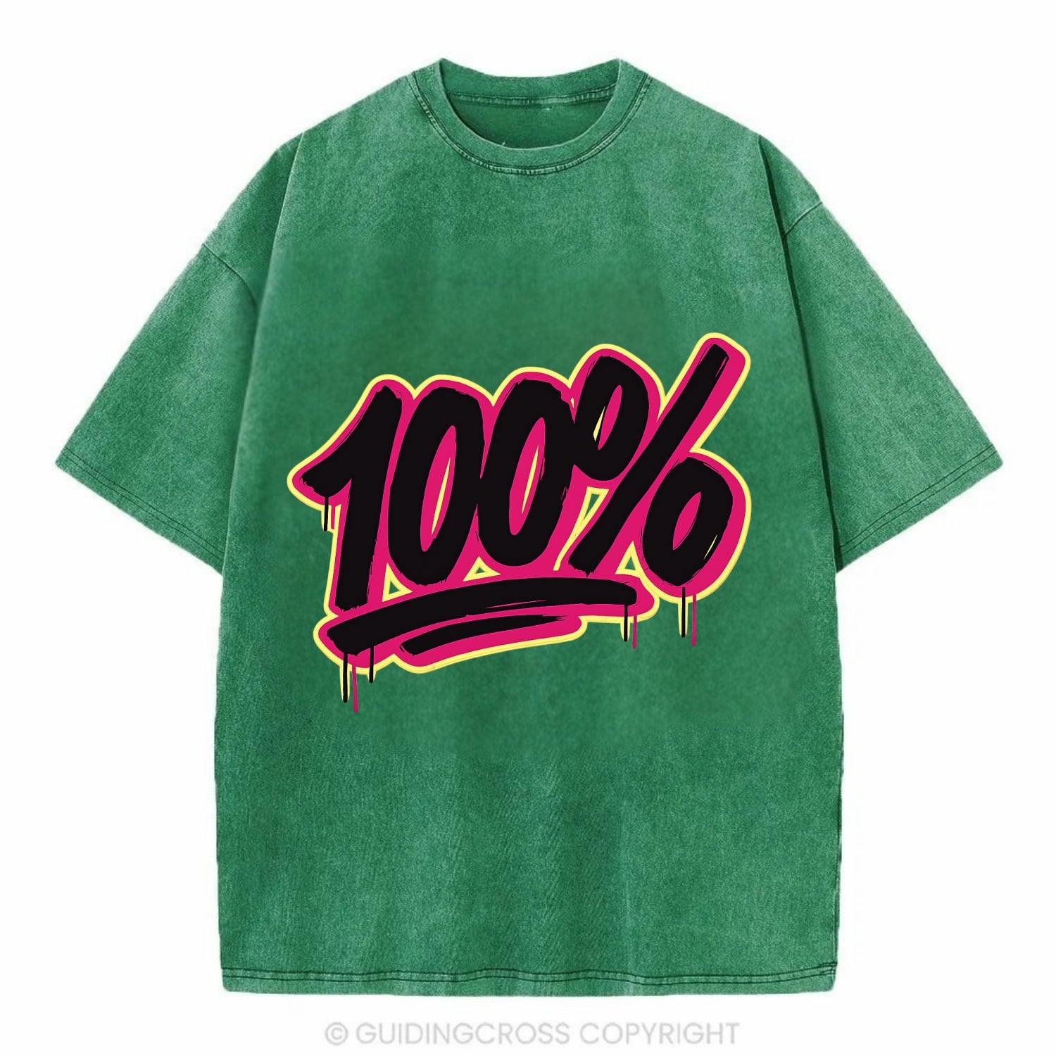 Bold typography design - "100%" - all in, fully committed - Vintage T-shirt - Forest Mist(Green)