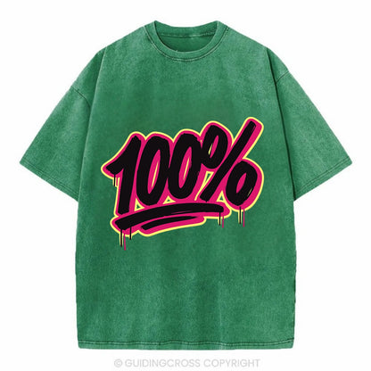 Bold typography design - "100%" - all in, fully committed - Vintage T-shirt - Forest Mist(Green)