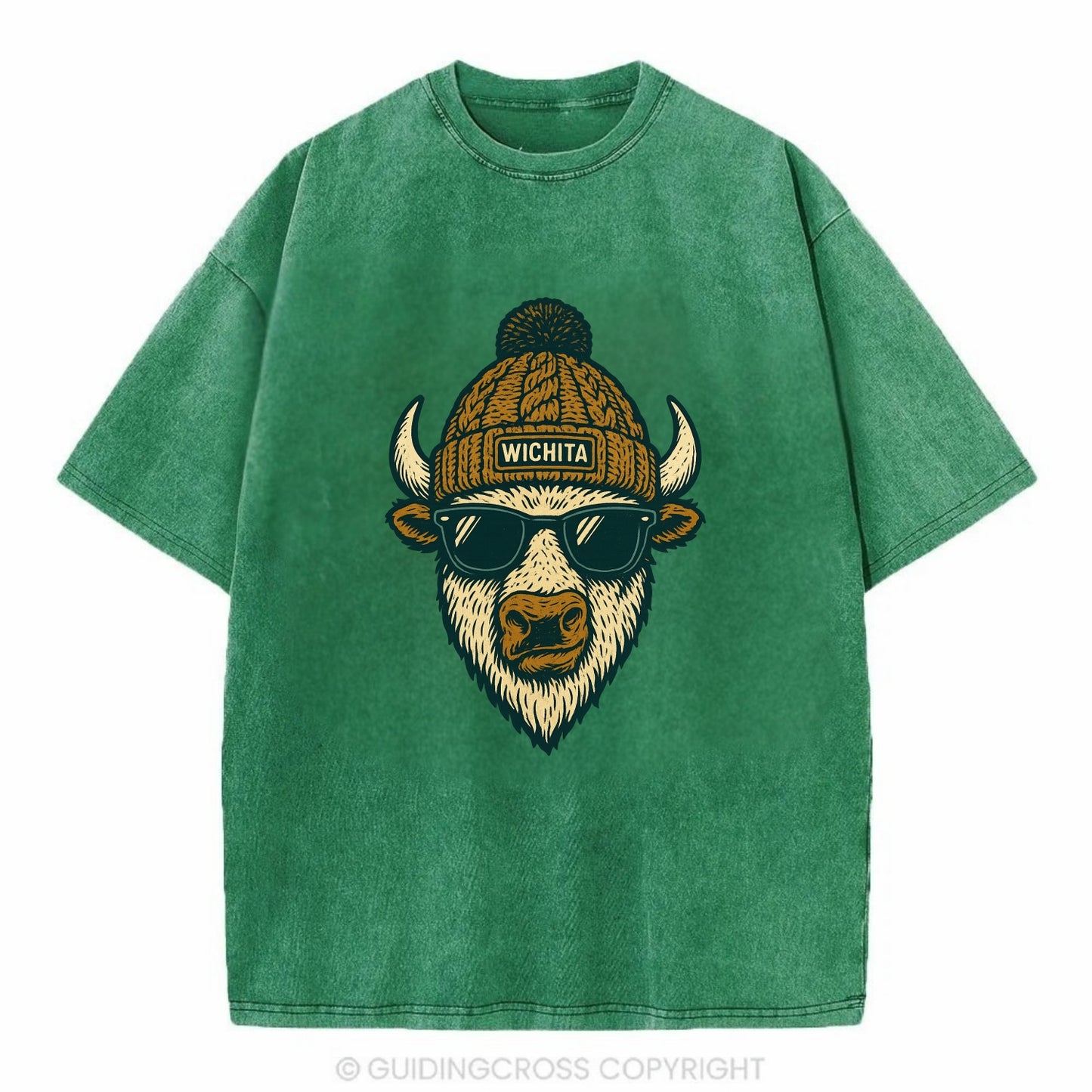 Kansas American Bison wearing Wichita beanie with pom pom and wayfarer sunglasses - Vintage T-shirt - Forest Mist(Green)