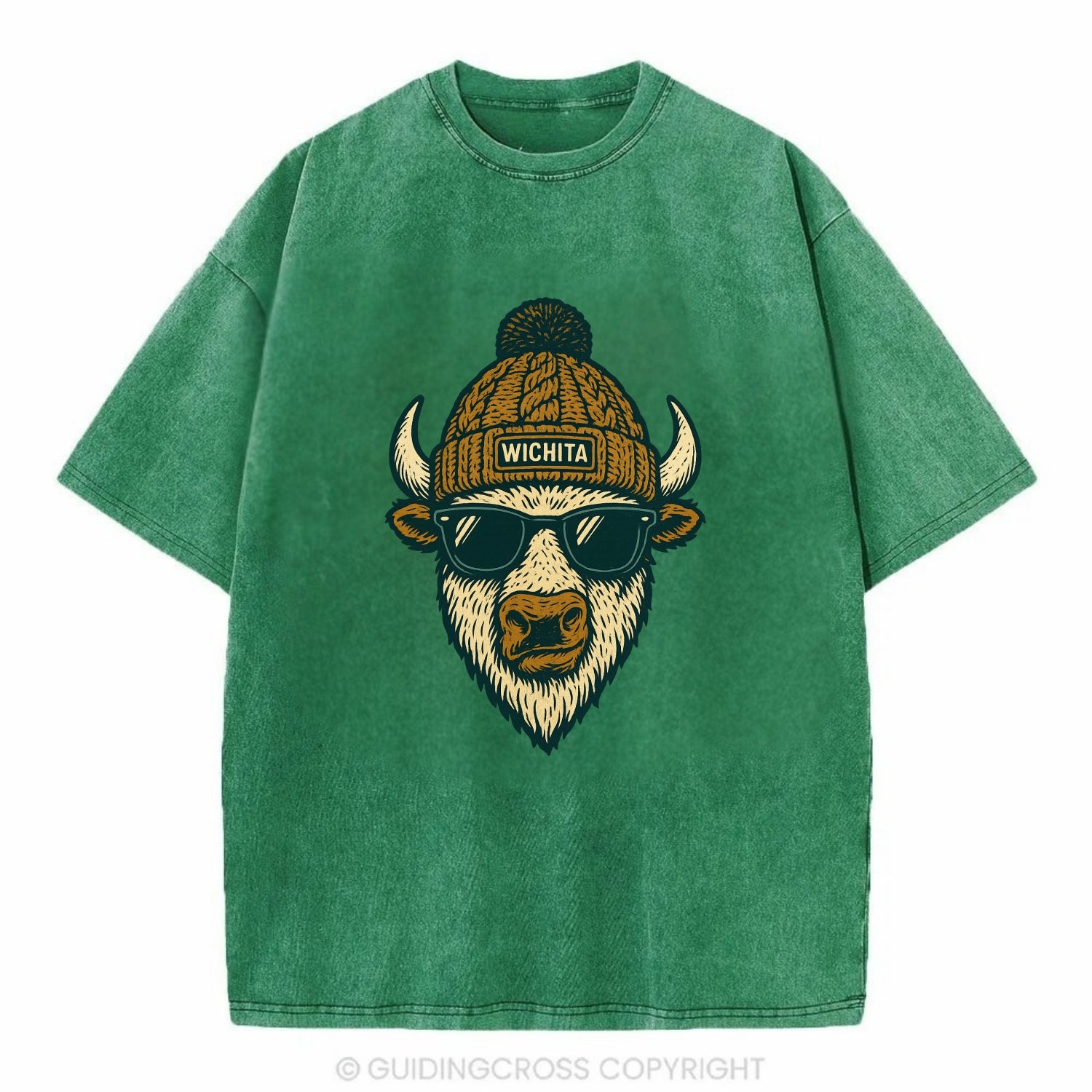 Kansas American Bison wearing Wichita beanie with pom pom and wayfarer sunglasses - Vintage T-shirt - Forest Mist(Green)