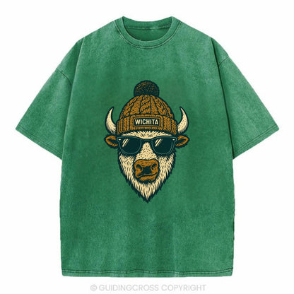 Kansas American Bison wearing Wichita beanie with pom pom and wayfarer sunglasses - Vintage T-shirt - Forest Mist(Green)