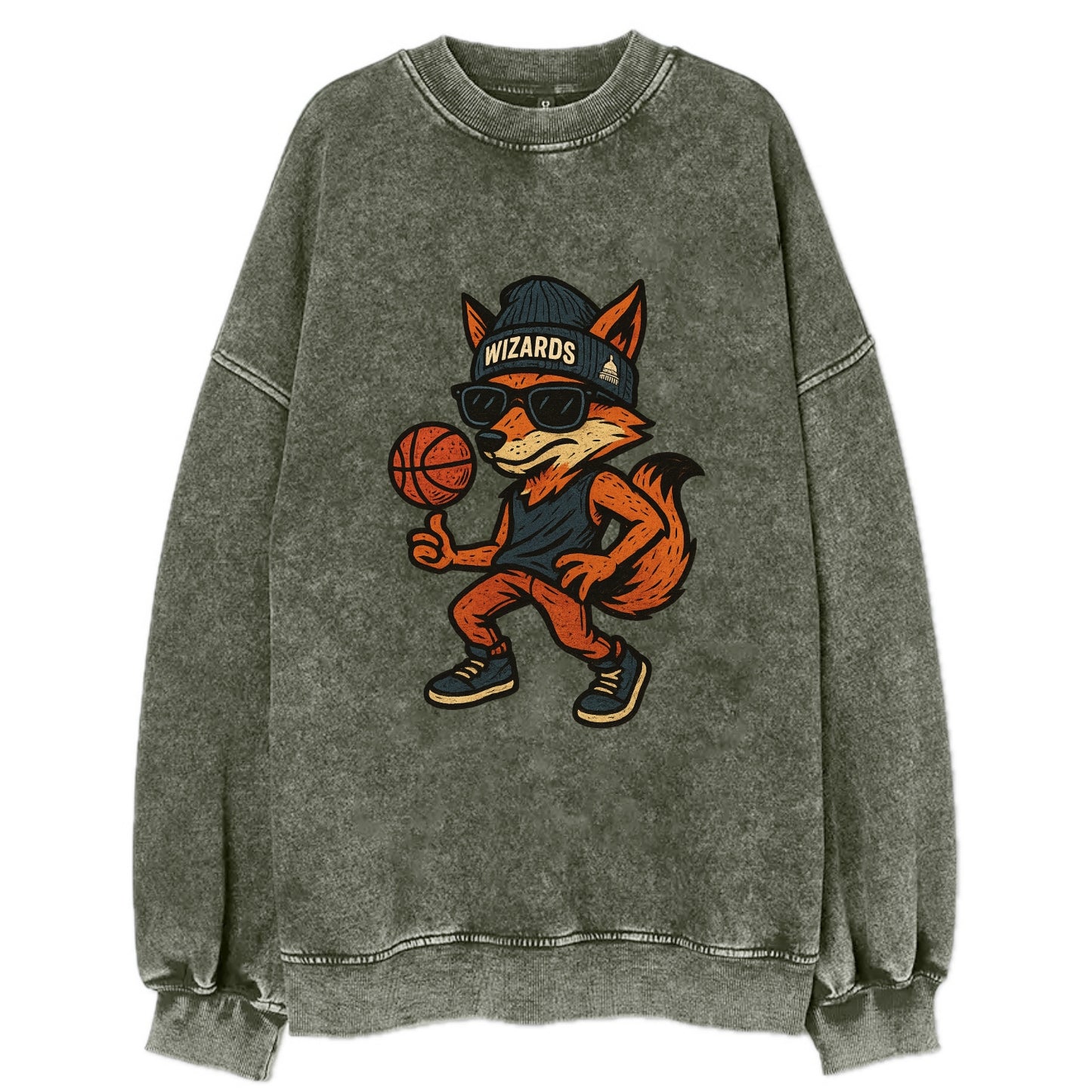 Washington Fox wearing Wizards beanie with capitol patch and wayfarer - Vintage Sweatshirt - Forest Mist(Green)