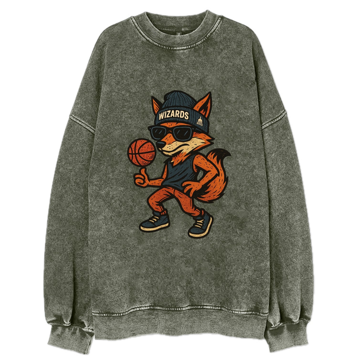 Washington Fox wearing Wizards beanie with capitol patch and wayfarer - Vintage Sweatshirt - Forest Mist(Green)