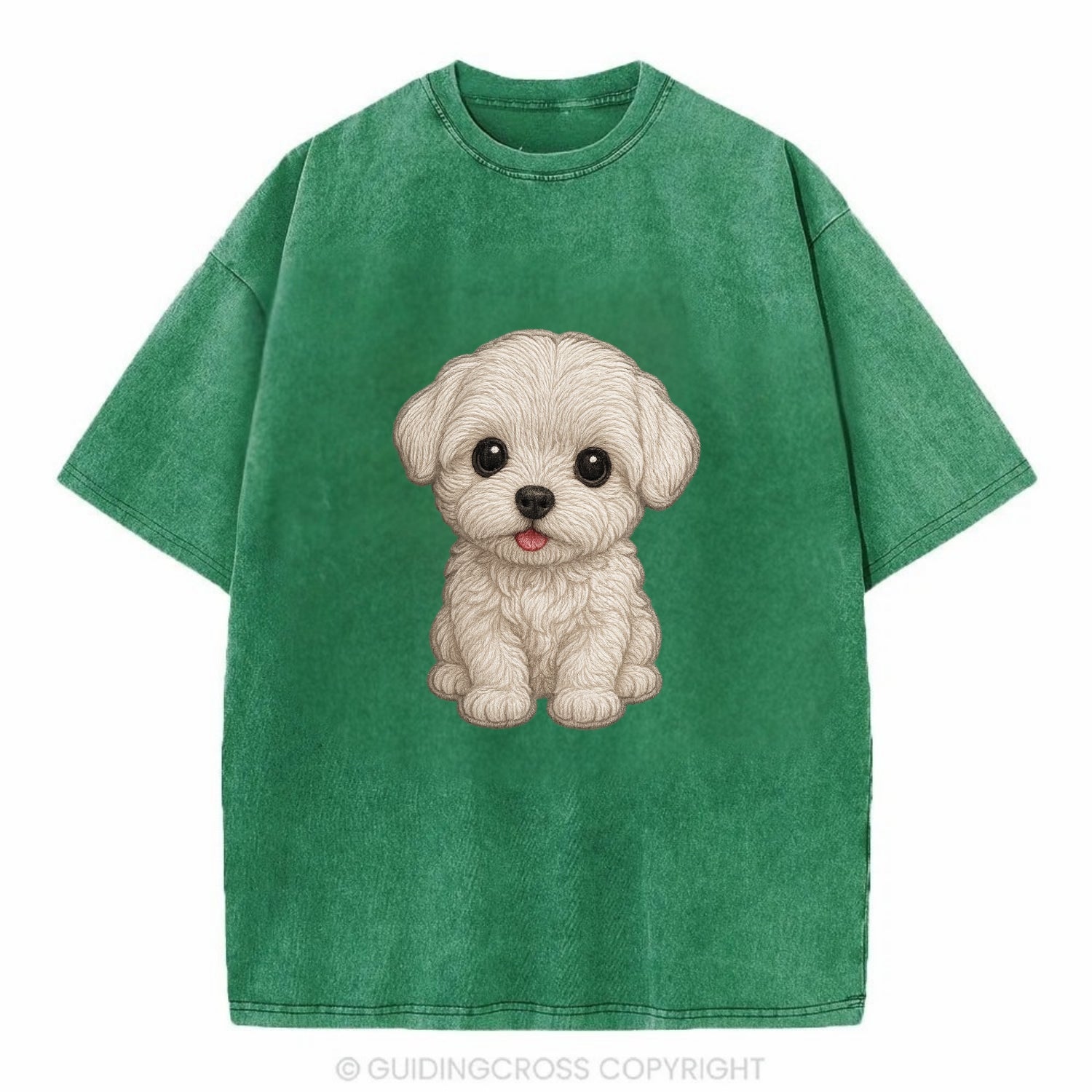 Baby Maltese Puppy - pure white silky coat, black button eyes, tiny nose, - Vintage T-shirt - Forest Mist(Green)