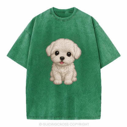 Baby Maltese Puppy - pure white silky coat, black button eyes, tiny nose, - Vintage T-shirt - Forest Mist(Green)