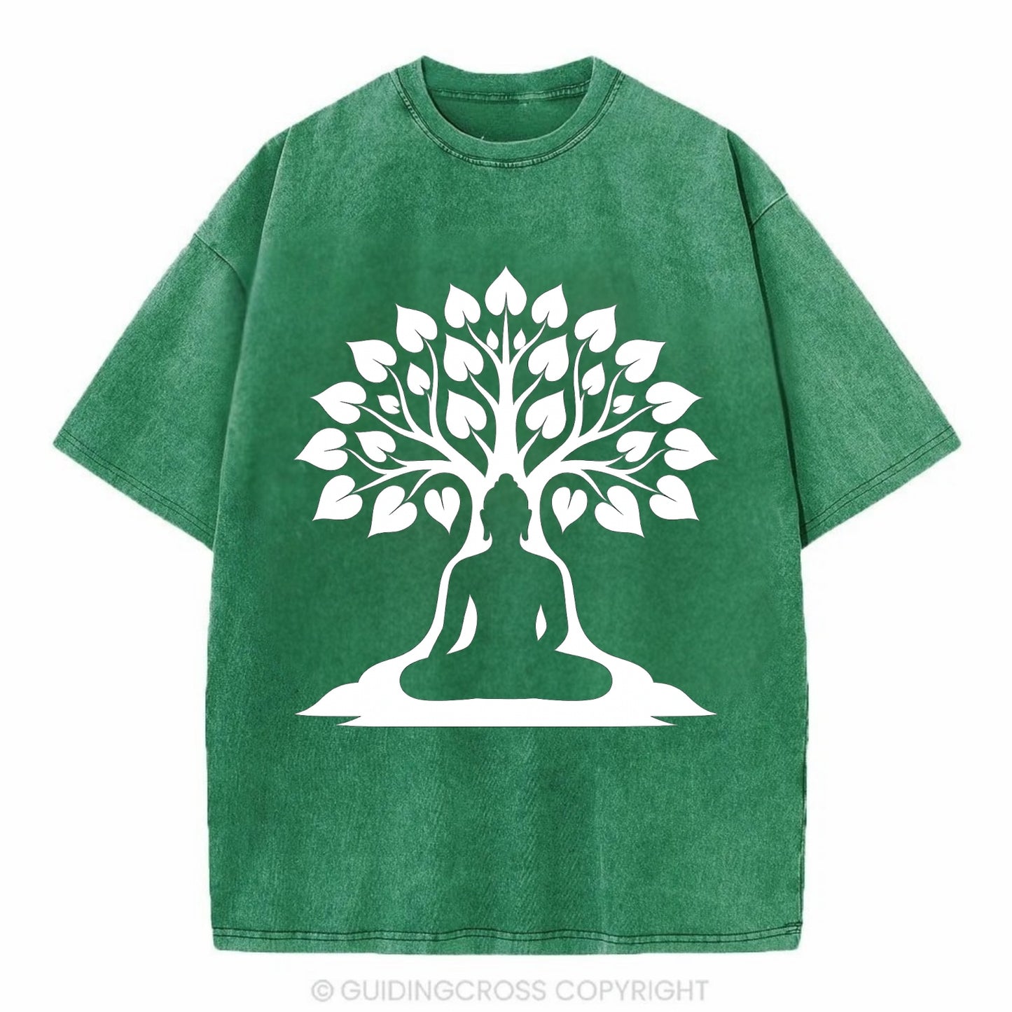 Buddha silhouette meditating - negative space forms bodhi tree - Vintage T-shirt - Forest Mist(Green)