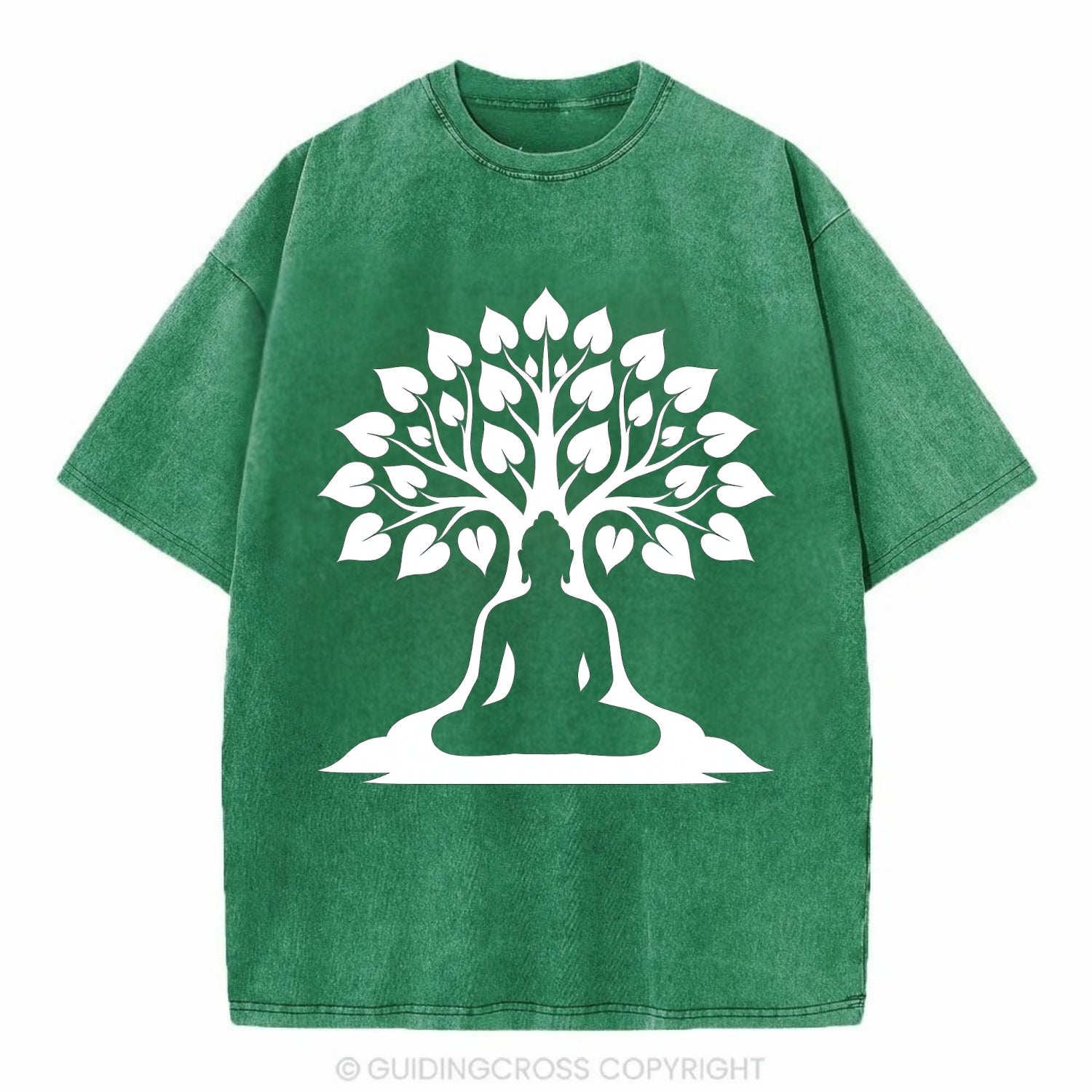 Buddha silhouette meditating - negative space forms bodhi tree - Vintage T-shirt - Forest Mist(Green)