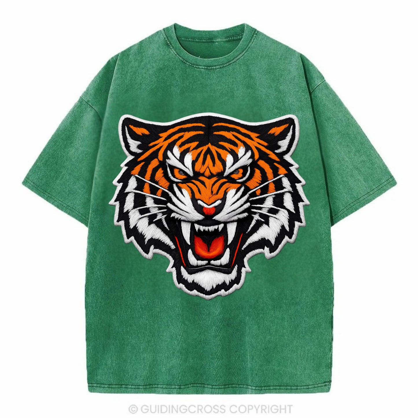TIGER STRIPES FACE - fierce tiger face in orange, black and white , predator power - Vintage T-shirt - Forest Mist(Green)