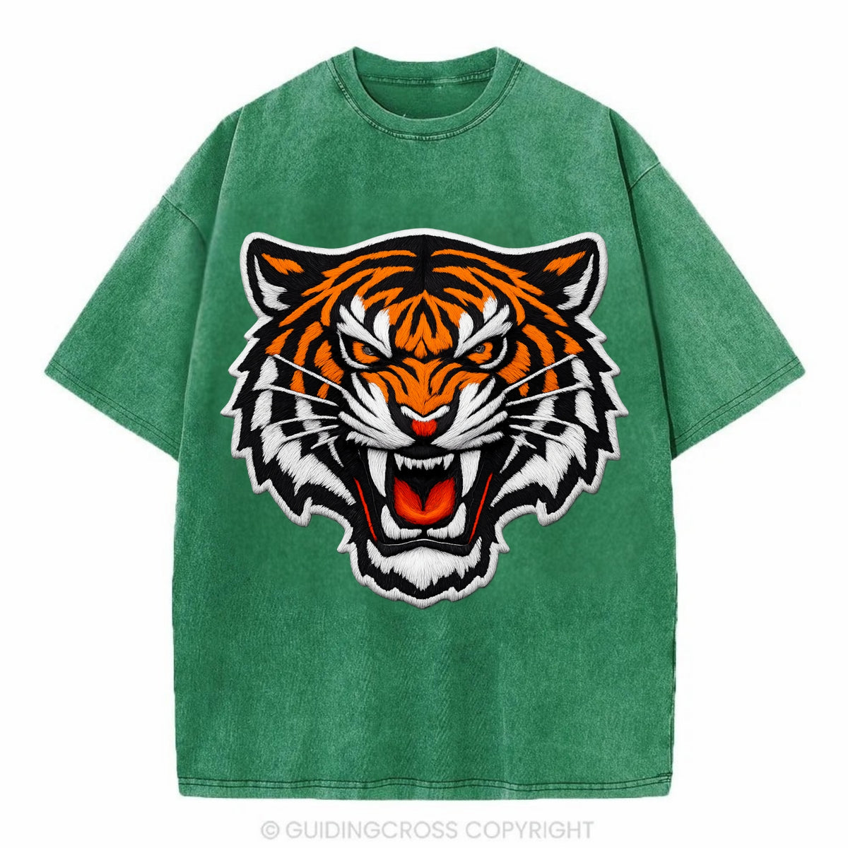TIGER STRIPES FACE - fierce tiger face in orange, black and white , predator power - Vintage T-shirt - Forest Mist(Green)