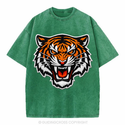 TIGER STRIPES FACE - fierce tiger face in orange, black and white , predator power - Vintage T-shirt - Forest Mist(Green)