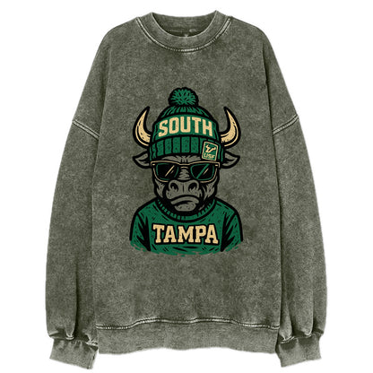 Tampa Bull wearing South Florida beanie with USF patch - Vintage Sweatshirt - Forest Mist(Green)