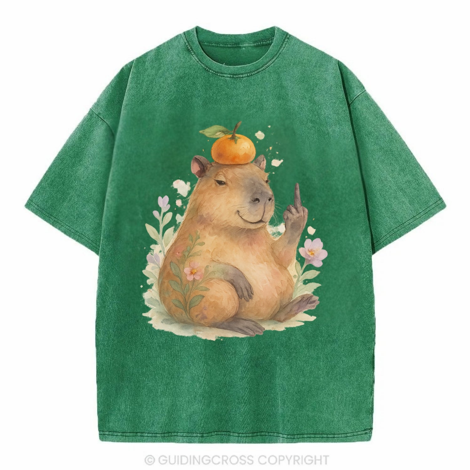 chonky capybara relaxing with orange on head, one webbed middle finger up - Vintage T-shirt - Forest Mist(Green)