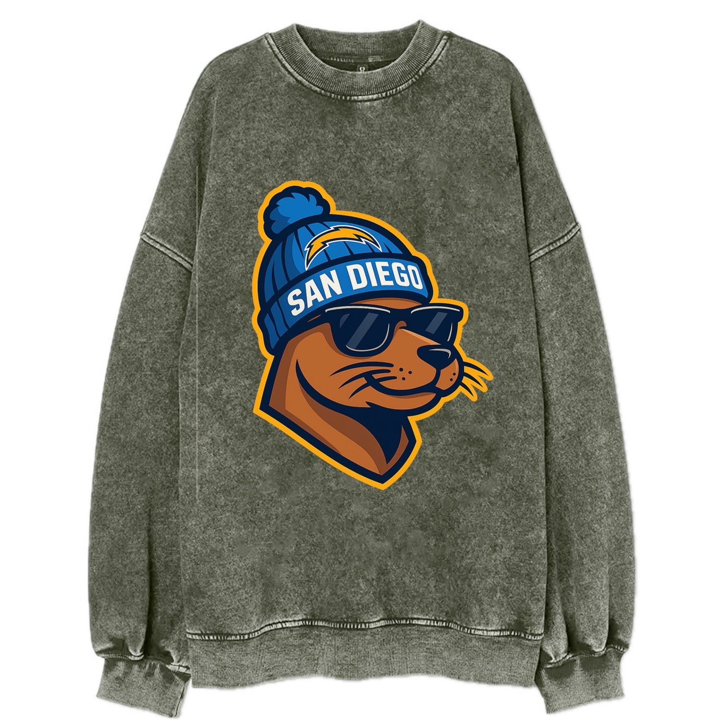 San Diego Sea Lion wearing Chargers beanie with bolt patch and wayfarer - Vintage Sweatshirt - Forest Mist(Green)