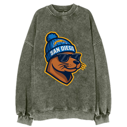 San Diego Sea Lion wearing Chargers beanie with bolt patch and wayfarer - Vintage Sweatshirt - Forest Mist(Green)
