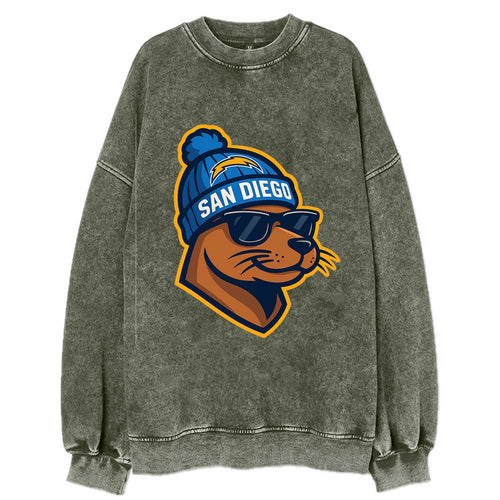 San Diego Sea Lion wearing Chargers beanie with bolt patch and wayfarer - Vintage Sweatshirt