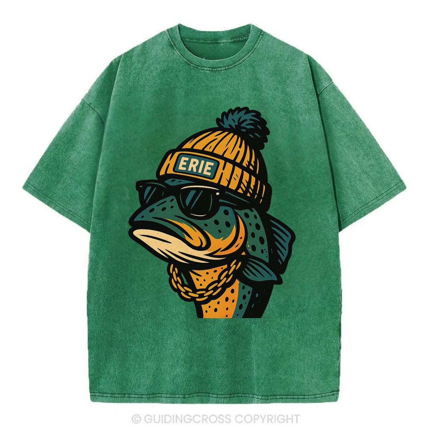 Erie Lake Trout wearing Erie beanie with pom pom and wayfarer sunglasses - Vintage T-shirt - Forest Mist(Green)