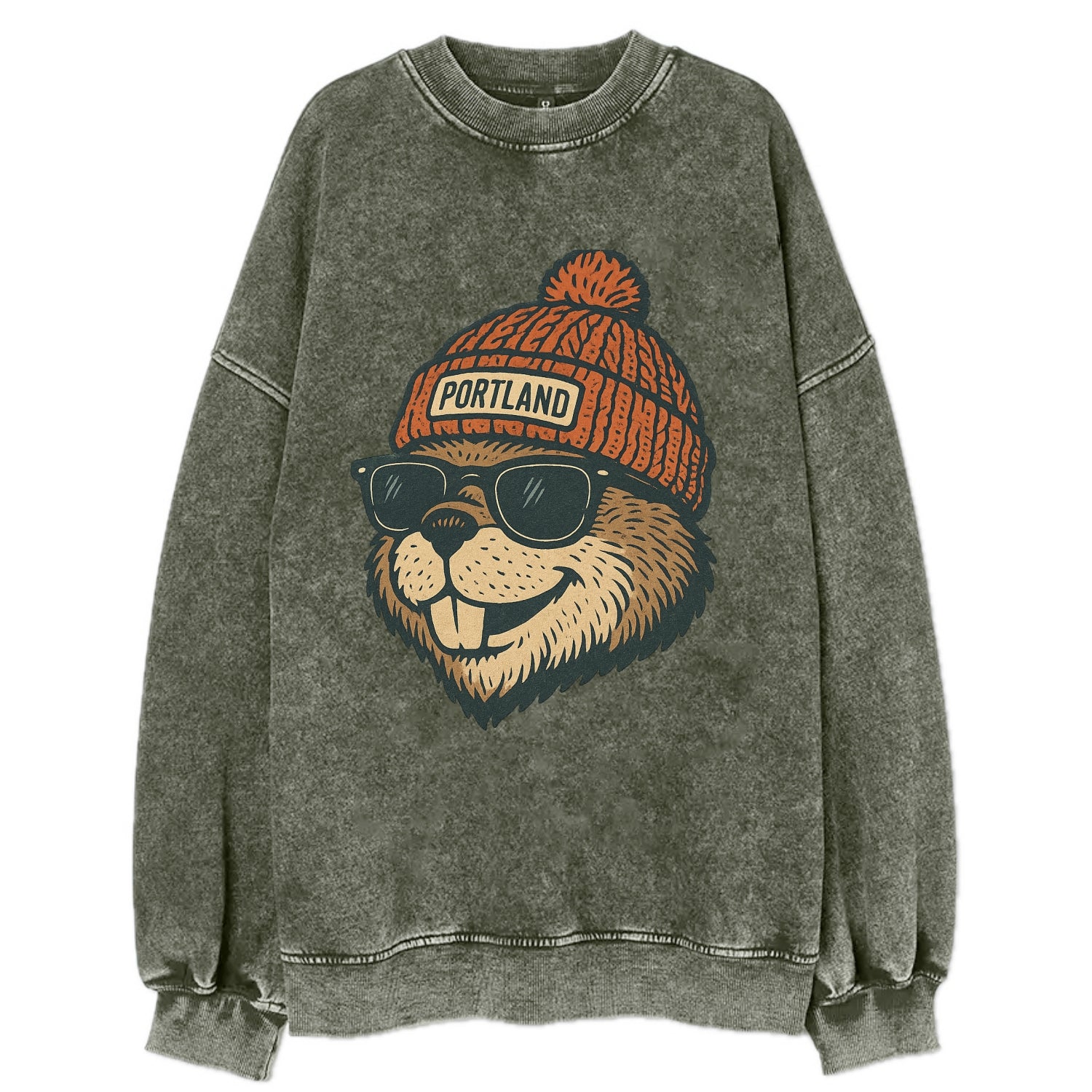 Oregon Beaver wearing Portland beanie with pom pom and wayfarer sunglasses - Vintage Sweatshirt - Forest Mist(Green)