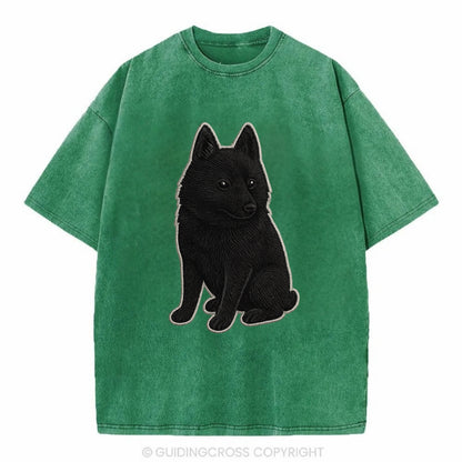 Schipperke - Solid black small embroidered sitting pose - Vintage T-shirt - Forest Mist(Green)