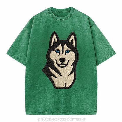 Husky - Blue eyes close-up portrait - Vi Vintage T-shirt - Forest Mist(Green)