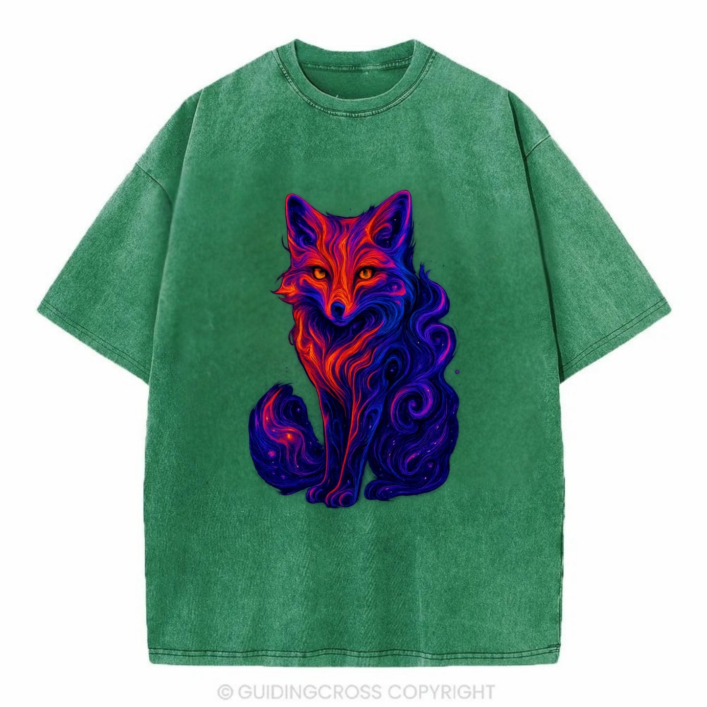 Clever fox with tail dissolving into cosmic nebula swirls, orange to purple - Vintage T-shirt - Forest Mist(Green)