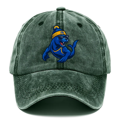 Bay Area Sea Lion wearing Warriors blue and gold beanie with Golden Gate and wayfarer - Classic Cap - Forest Mist(Green)