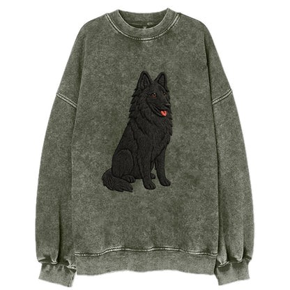 Belgian Sheepdog - Black long-haired embroidered pose - Vintage Sweatshirt - Forest Mist(Green)