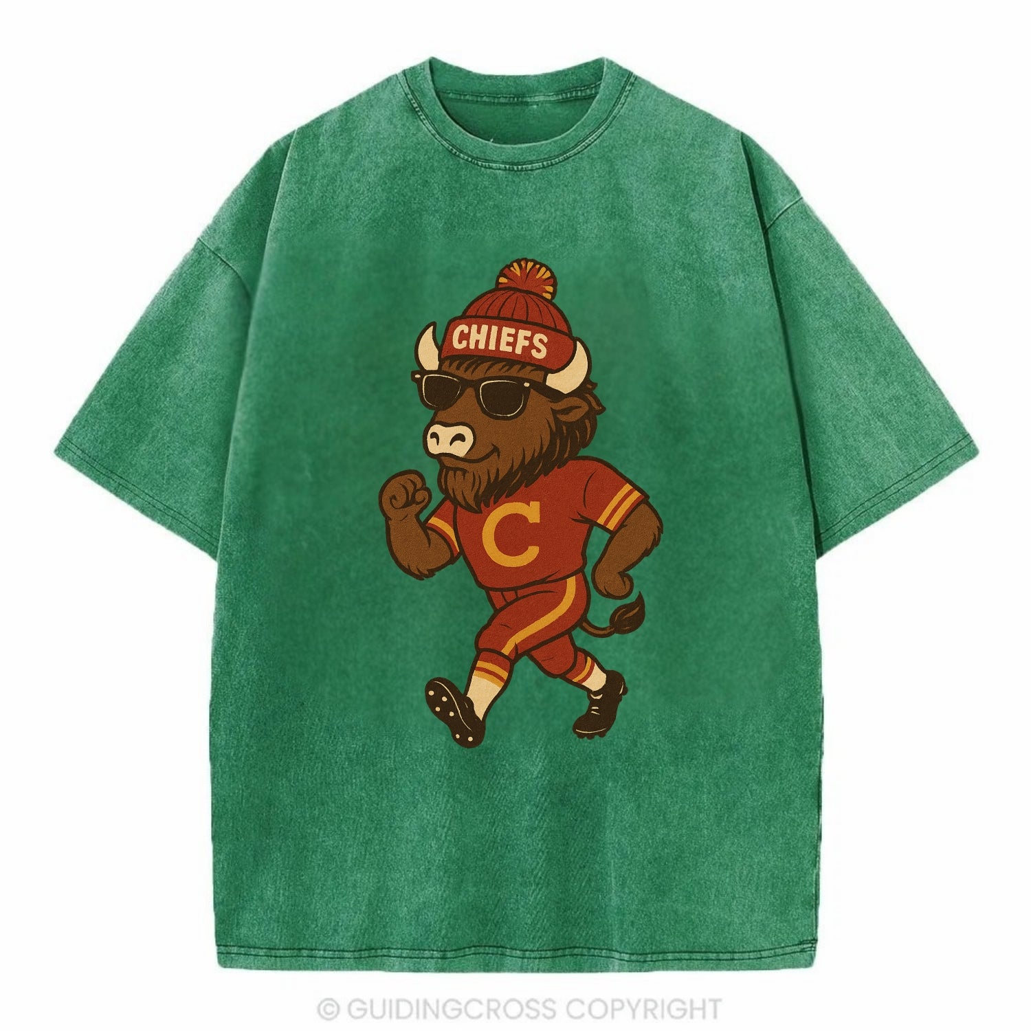 KC Bison wearing Chiefs beanie with arrowhead patch and wayfarer sunglasses - Vintage T-shirt - Forest Mist(Green)