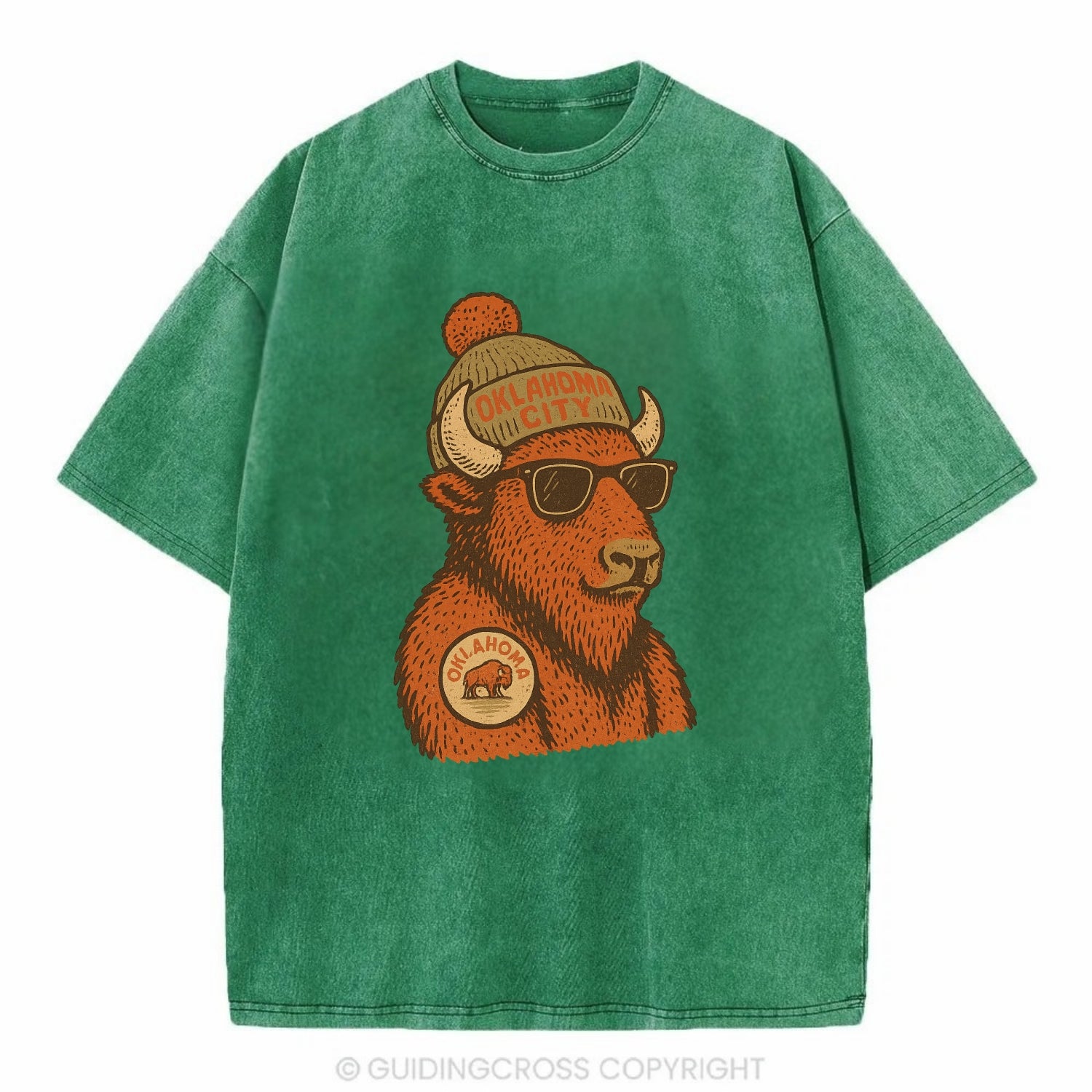 Oklahoma Buffalo wearing Oklahoma City beanie with pom pom and wayfarer sunglasses - Vintage T-shirt - Forest Mist(Green)