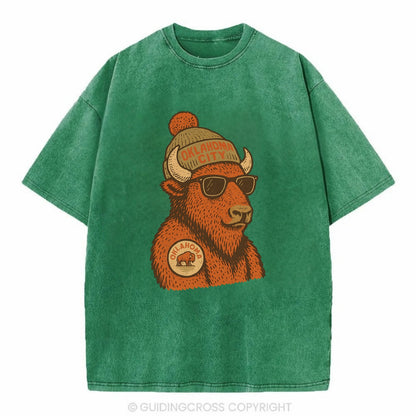 Oklahoma Buffalo wearing Oklahoma City beanie with pom pom and wayfarer sunglasses - Vintage T-shirt - Forest Mist(Green)