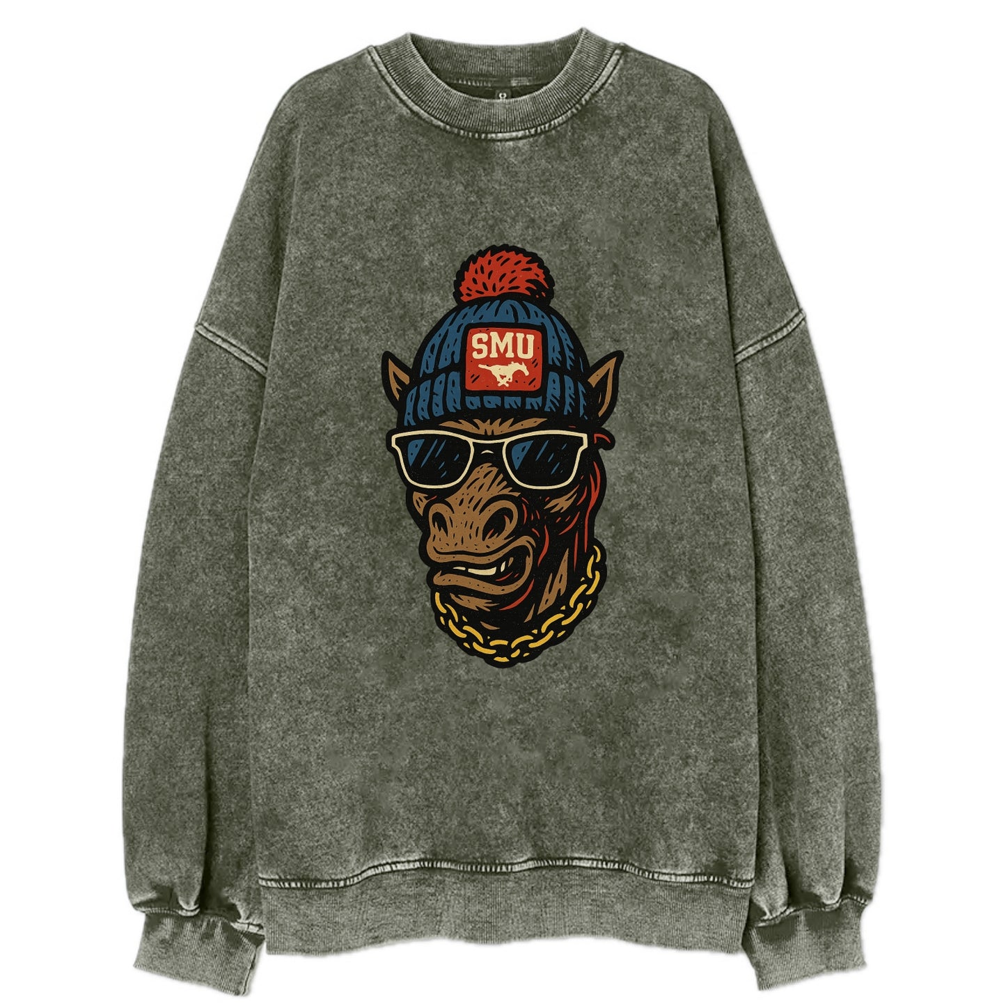 Dallas Mustang wearing SMU beanie with pony patch - Vintage Sweatshirt - Forest Mist(Green)