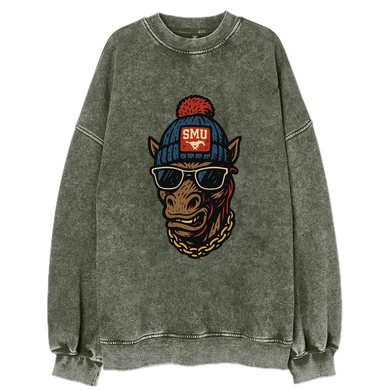 Dallas Mustang wearing SMU beanie with pony patch - Vintage Sweatshirt - Forest Mist(Green)