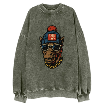 Dallas Mustang wearing SMU beanie with pony patch - Vintage Sweatshirt - Forest Mist(Green)