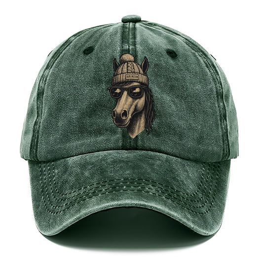Vermont Morgan Horse wearing Burlington beanie with pom pom and wayfarer sunglasses - Classic Cap - Forest Mist(Green)