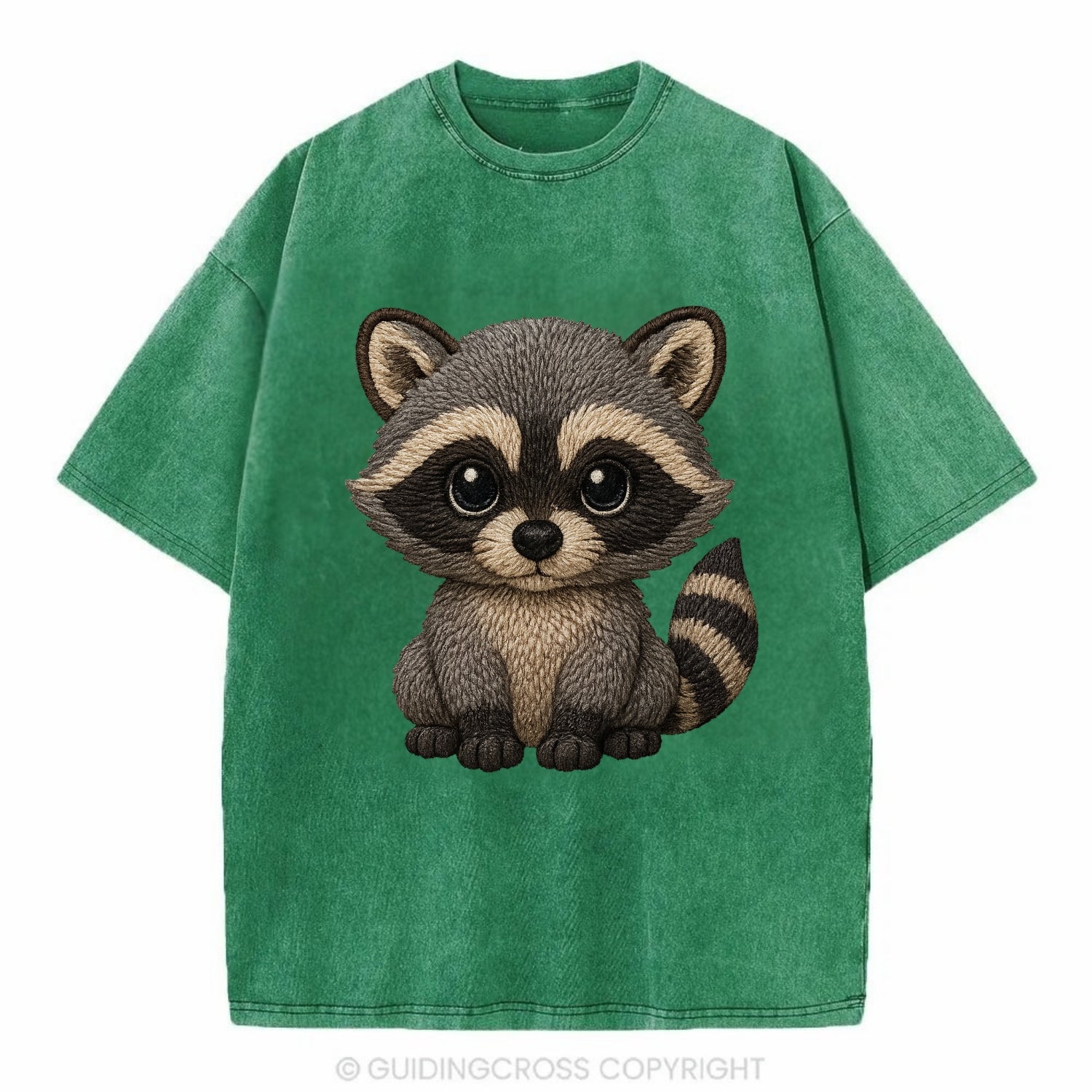 Baby Raccoon - gray fur, black mask, ringed tail, bright curious eyes, - Vintage T-shirt - Forest Mist(Green)