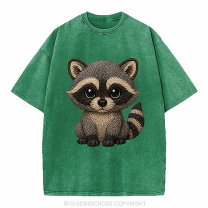 Baby Raccoon - gray fur, black mask, ringed tail, bright curious eyes, - Vintage T-shirt - Forest Mist(Green)