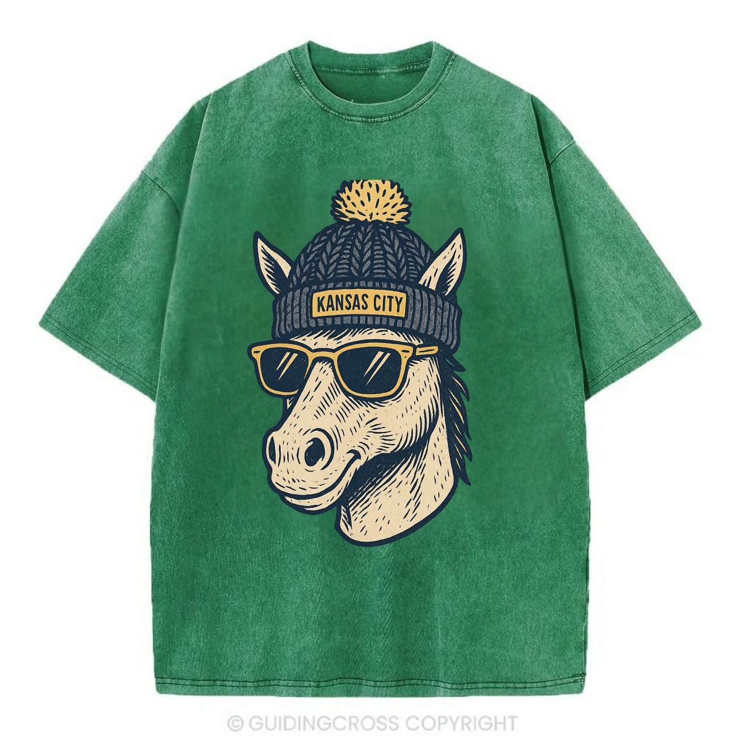 Missouri Mule wearing Kansas City beanie with pom pom and wayfarer sunglasses - Vintage T-shirt - Forest Mist(Green)