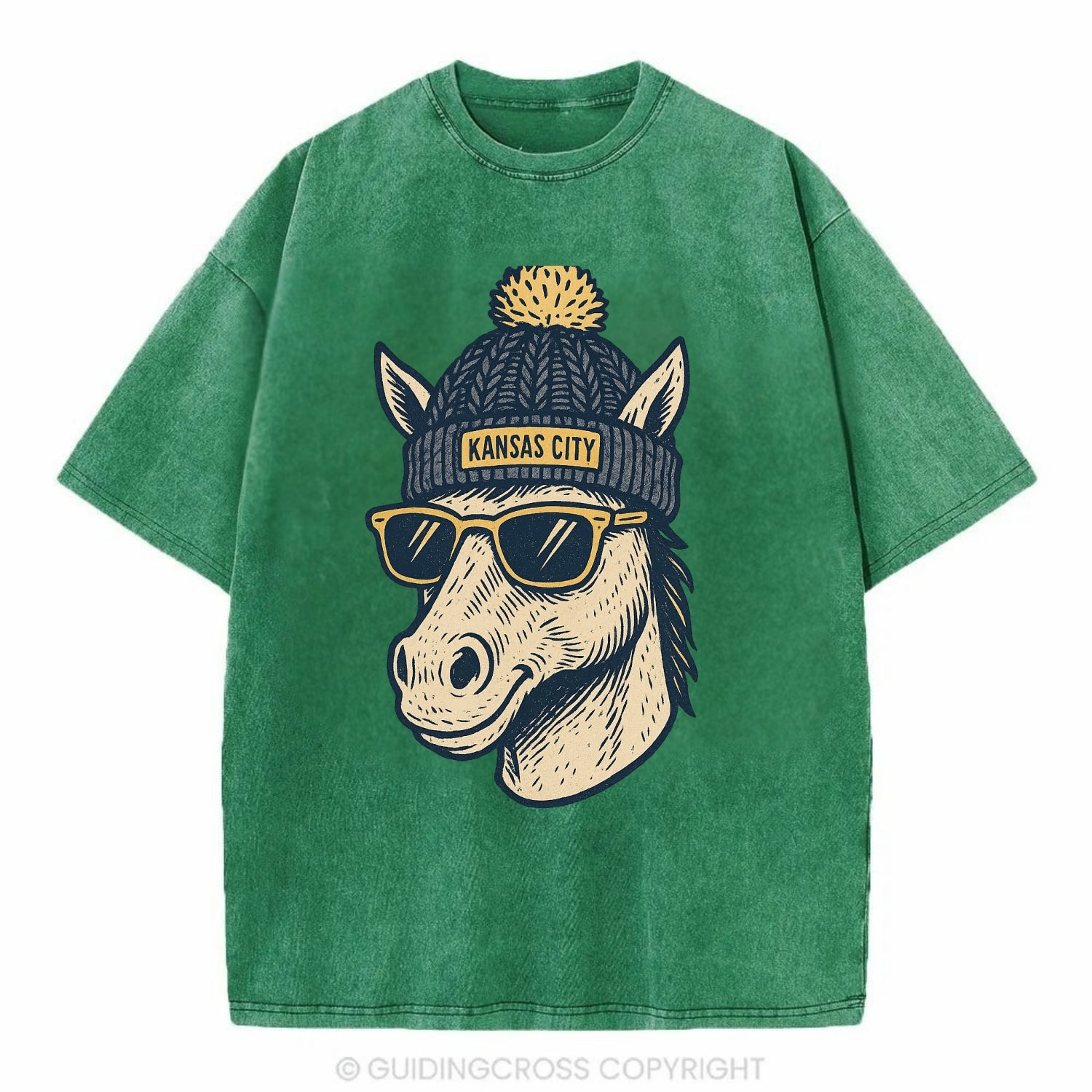 Missouri Mule wearing Kansas City beanie with pom pom and wayfarer sunglasses - Vintage T-shirt - Forest Mist(Green)
