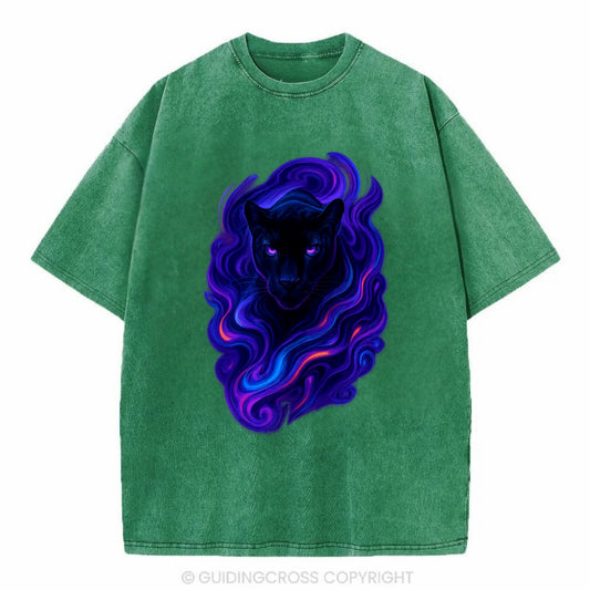 Sleek black panther emerging from swirls of deep purple and electric blue, - Vintage T-shirt - Forest Mist(Green)