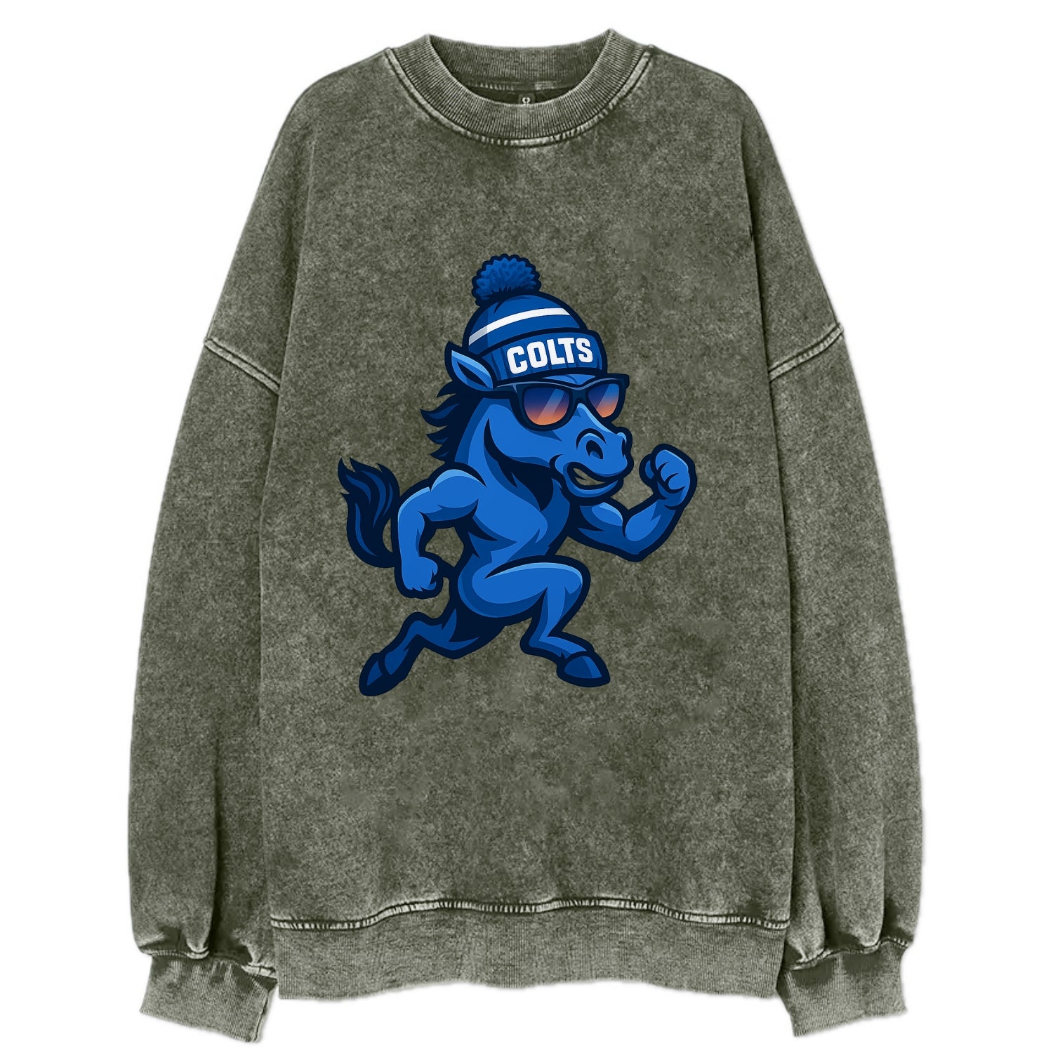 Indianapolis Colt Horse wearing Colts blue and white beanie with pom pom and - Vintage Sweatshirt - Forest Mist(Green)