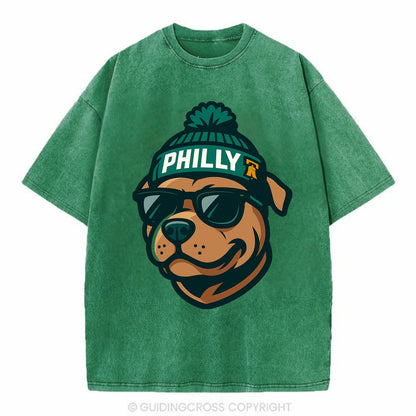 Philly Pitbull wearing Eagles beanie with Liberty Bell patch and wayfarer - Vintage T-shirt - Forest Mist(Green)