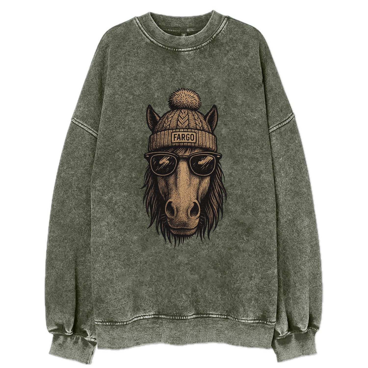 North Dakota Nokota Horse wearing Fargo beanie with pom pom and wayfarer - Vintage Sweatshirt - Forest Mist(Green)