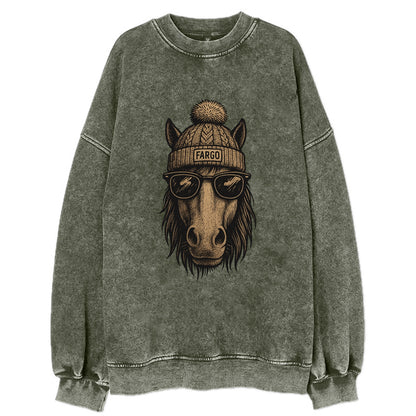 North Dakota Nokota Horse wearing Fargo beanie with pom pom and wayfarer - Vintage Sweatshirt - Forest Mist(Green)
